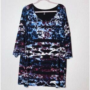 Style Co Long Tunic Top Sz 2X Black Blue‎ Long Sleeve Stretch Comfort Floral
